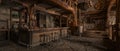 An old medieval inn with beer barrels behind the bar, stone floor, wooden beams and candle light. 3D rendering