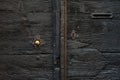 Old medieval italian wooden door with metal handle and a mail slot. Royalty Free Stock Photo
