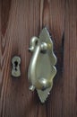 Old medieval metal handle on wooden door with keyhole Royalty Free Stock Photo