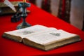 Old medieval open book on table. Royalty Free Stock Photo