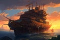 Old medieval ship on beautiful sunset. Generate Ai