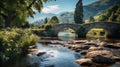 Old medieval stone bridge and Highlands river, English rural landscape Royalty Free Stock Photo
