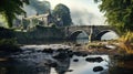 Old medieval stone bridge and Highlands river, English rural landscape Royalty Free Stock Photo