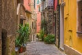 Old medieval street in Italian town Vernazza with nobody on Cinque Terre coast, Liguria, Italy Royalty Free Stock Photo