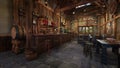 Old medieval tavern with barstools by the bar and food on tables. 3D rendering Royalty Free Stock Photo