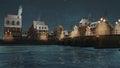 Old medieval town on riverfront at winter evening 4K