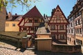 Old medieval traditional buildings on the street of Nuremberg Nurnberg city, Mittelfranken region, Bavaria, Germany