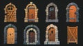 The old medieval wooden doors have a handle, stone arch and step. Modern cartoon entrance to a vintage castle, farmhouse Royalty Free Stock Photo