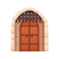 Old medieval wooden double door with metal portcullis bars. Vintage castle, fortress entrance. Historic arched entry