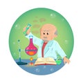 Old men doing chemistry experiments. Holding flask and test tube in hands. Old scientist conducts experiments.