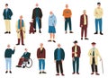 Old men. Elderly male characters in modern cartoon style, active happy retired people smiling grandpas in different poses. Vector Royalty Free Stock Photo