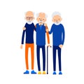 Old men hugging. Three older men are standing together. Romantic relationship. Happy smiling seniors at leisure. Concept male