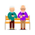 Old men with phone. Grandfather and elderly man are sitting on bench and smiling read messages in smartphone. Happy retirement.