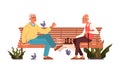 Old men play chess. Elderly peope sitting on park bench with chessboard.