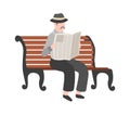 Old men reading newspaper outdoor, grandfather with mustache in hat sits on bench, gentleman walk in park. Flat vector