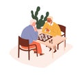 Old men, senior friends playing chess, board game. Elderly people, retired characters players at chessboard at home