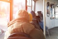 Old men traveling on a bus. Lonely, lonelyness conception. Toned.