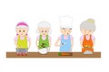 Old men and women learn cooking, soups, salads and fried foods.