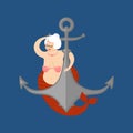 Old Mermaid and anchor. Mythical underwater Grandmother with fish tail. Vector illustration Royalty Free Stock Photo