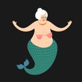 Old Mermaid grandma. Mythical underwater Grandmother with fish t