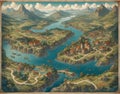 Old mesmerizing vintage map with birdview of Fantastical River Ships Old Villages Towns Mountains Clouds and Castles AI Image