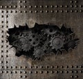 Old metal armour background with rusty gears and cogs 3d illustration