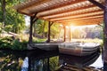 Old metal boat moored under shed shelter wooden canopy rustic boathouse at countryside in Spreewald canal national Royalty Free Stock Photo