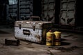 An old metal box with a handle, next to cans of fuel. Abandoned hangar. Artifacts quest concept Royalty Free Stock Photo