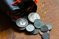 Old metal coins of different countries and years. Macro  shallow depth of field. Royalty Free Stock Photo