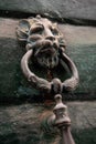 Old metal door handle in the form of a lion head. Royalty Free Stock Photo