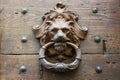 Old metal door knocker as a lions head on a rustic wooden door in italy Royalty Free Stock Photo