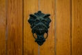 Old metal door knocker on a wooden door Royalty Free Stock Photo