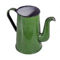 Old metal enameled tea coffee pot of green color isolate on a white background Royalty Free Stock Photo