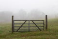 An old metal farm gate stands alone at the edge of a foggy meadow. Royalty Free Stock Photo