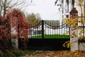 Old metal gates of an abandoned manor covered with bushes in autumn season. Royalty Free Stock Photo