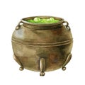 Old metal kettle. Hand drawn watercolor illustration. Magic pot with potion, green bubbles. Halloween decor element