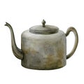 Old metal kettle watercolor illustration. Hand drawn vintage metallic pot. Traditional aged copper house kettle element.