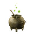 Old metal kettle. Watercolor illustration. Magic pot with potion, green bubbles. Halloween decor element. Witch cooking