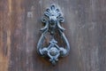 Old metal knocker on a wooden door Royalty Free Stock Photo