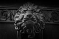 Old metal lion head decoration. Architecture detail of vintage door. Lion face knob closeup. Animal head at entrance of