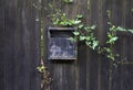 Old metal mailbox on a black wooden fence with wild plants grown around Royalty Free Stock Photo