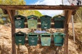 Old metal mailboxes. Old letters left on the mailbox.