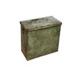 Old metal military box isolate on a white background. Green rusty drawer with handle and lock Royalty Free Stock Photo