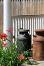 Old metal milk jugs on wood stoop