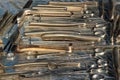 Old metal obstetric, gynecological and urological instruments Royalty Free Stock Photo