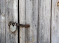 Old metal padlock hanging on the wooden door Royalty Free Stock Photo