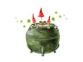 Old metal potion kettle. Hand drawn watercolor illustration. Magic pot with toad, toadstool, green bubbles. Halloween Royalty Free Stock Photo