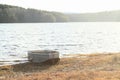 Punt anchored on bank of lake