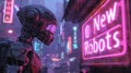 Old metal robot looks at neon sign of New Robots on cyberpunk city street in rain, futuristic town with purple and blue light.