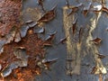 Rusted metal signboard with peeling paint and illegible inscription, close-up, macro